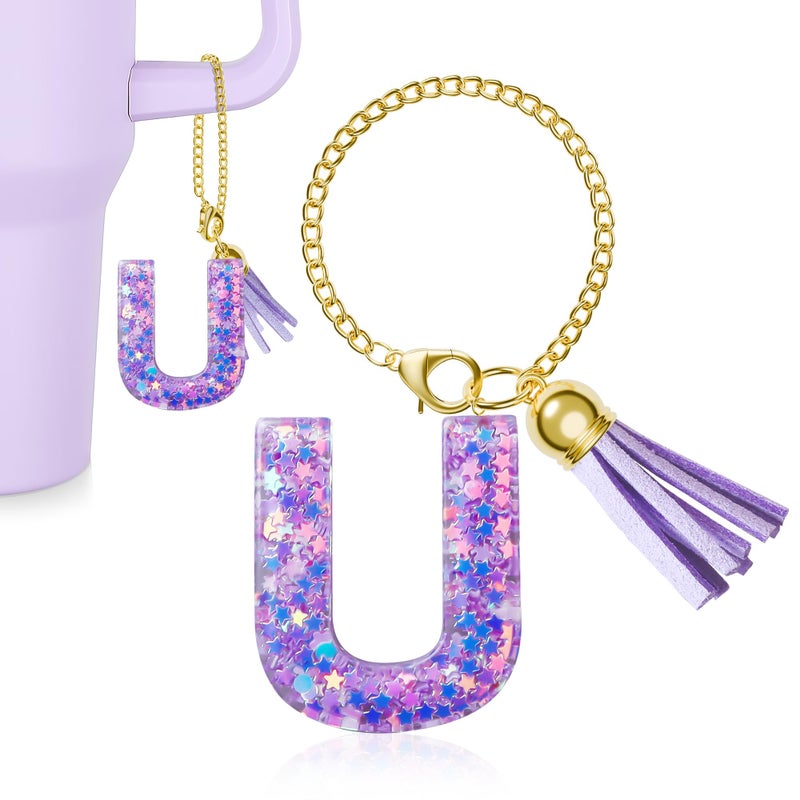 MOYOHIM Letter Charm for Stanley Cup, Cute Initial Keychain Charm for Handle, Purple Handle Accessories for Stanley Tumbler for Girls Women (Letter U) - Image 1